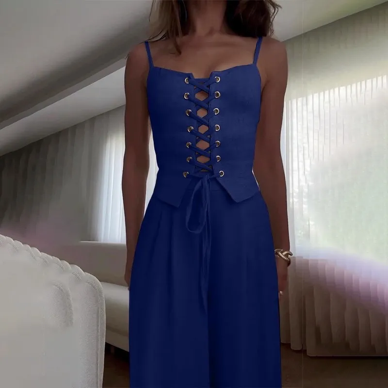 Pure Desire Sexy Cutout Lace-up Casual Wide-leg Pants Set - Navy Blue