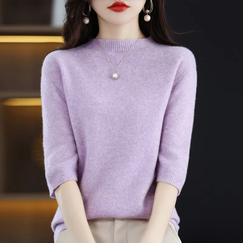 34 Sleeve Knitwear Women's Half Turtleneck Pure Wool Sweater - Purple