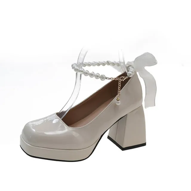 Women's Chunky Heel Black French High Heels Cream - Shop at LoveMi