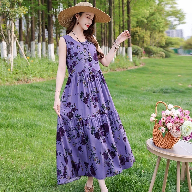 Loose-fitting Printed Patchwork Sleeveless Maxi Dress For Vacation