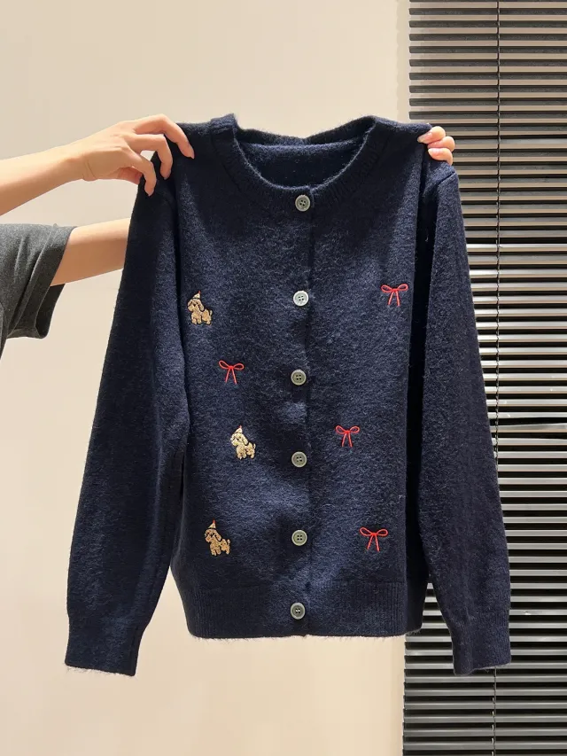 Red Embroidered Button Front Long Sleeve Knitted Cardigan Women's Sweater Navy - Shop at LoveMi