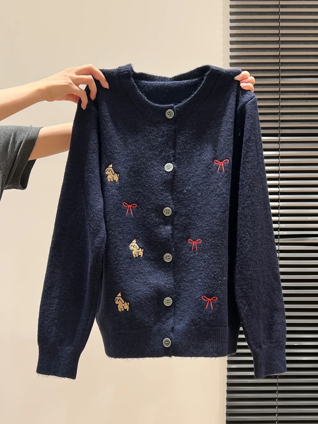 Red Embroidered Button Front Long Sleeve Knitted Cardigan Women's Sweater - Navy