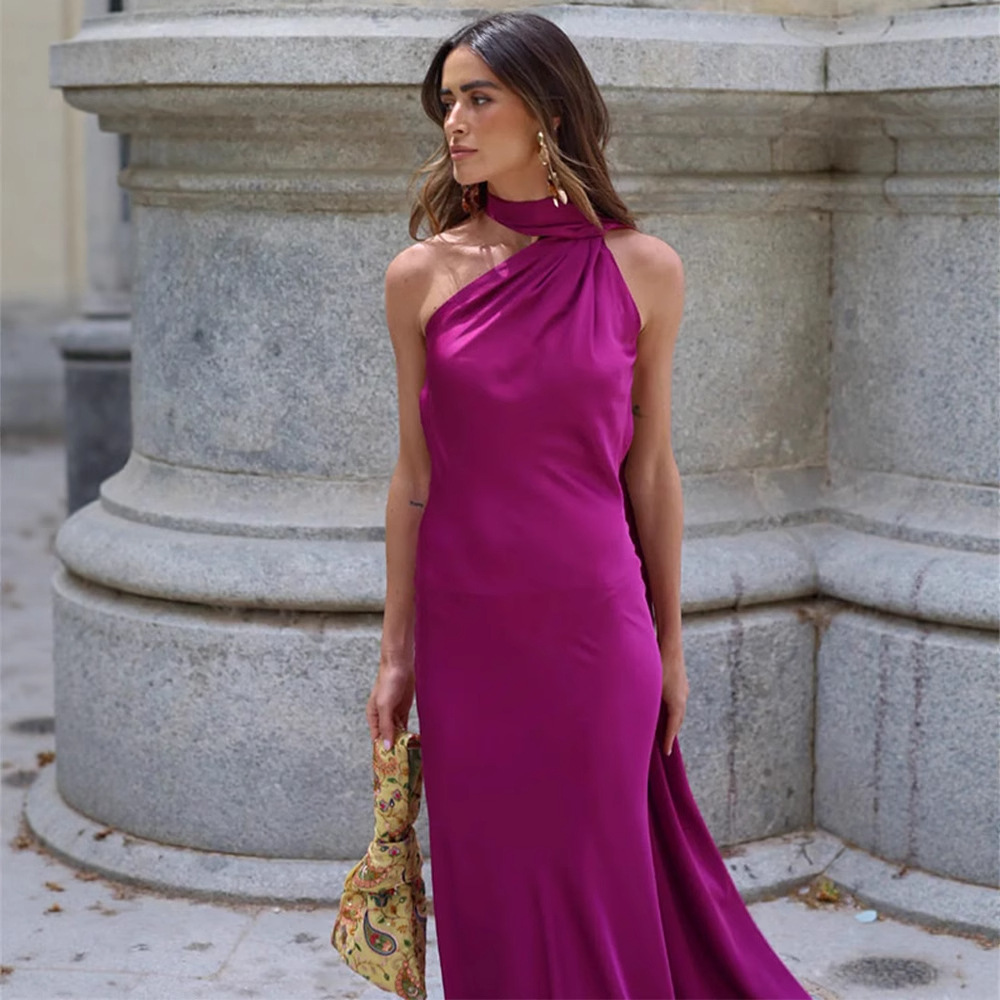 Summer Women's Elegant Lady Sleeveless Halter Backless Ribbon Dress For Women