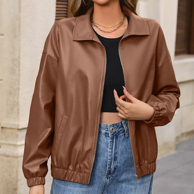 Casual Long Sleeve Solid Color PU Lapel Jacket Brown - Shop at LoveMi