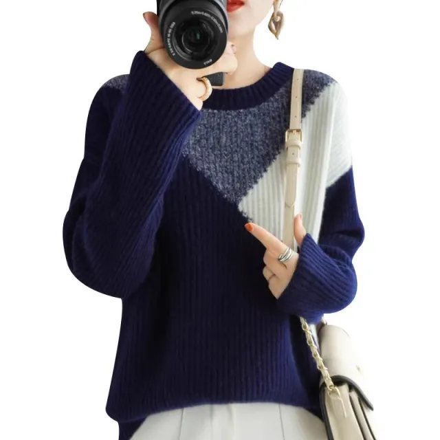 Women's Loose Knitted Round Neck Stitching Contrast Color Sweater Blue - Shop at LoveMi
