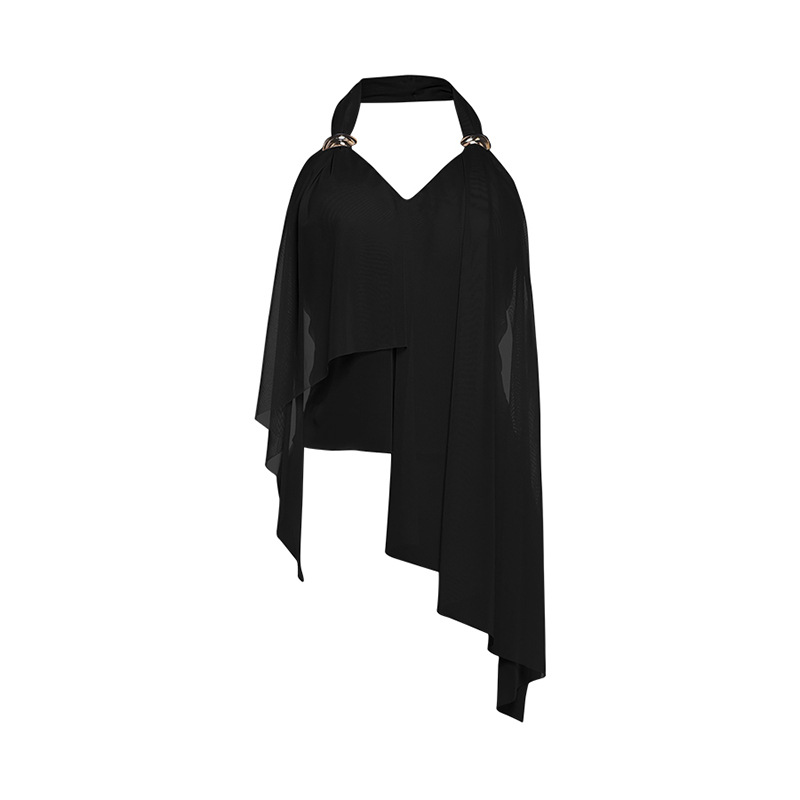 Irregular Solid-color Halter Top With Mesh Paneling