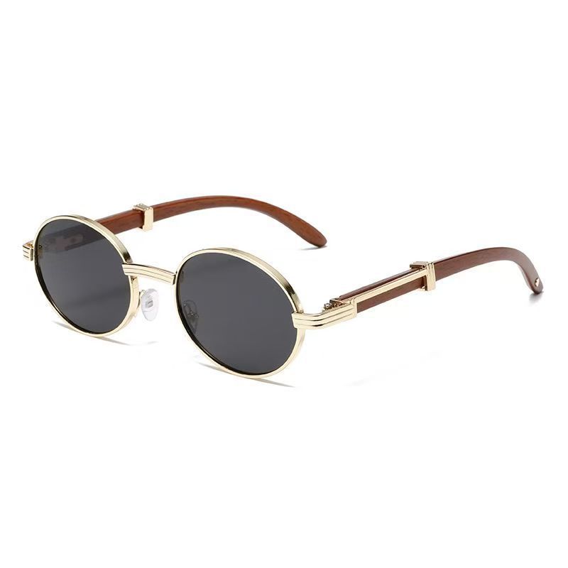 Metal Oval-frame Sunglasses With A Wood-grain Finish - Women's Clothing