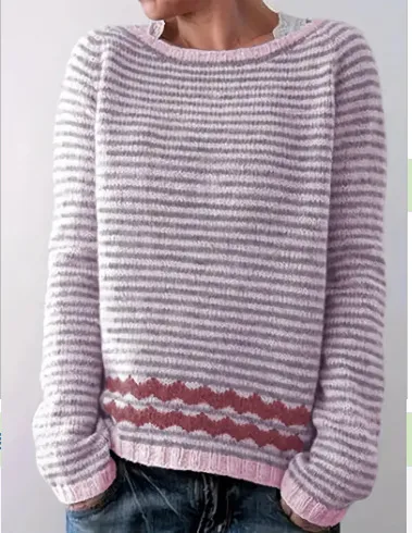Women's Round neck Loose Multicolor Fashion Pullover Sweater Casual Women's Clothing Fashion Knit Top Outerwear Pink Striped - Shop at LoveMi