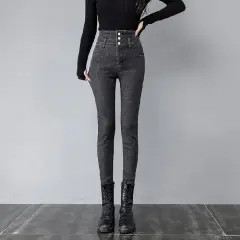 Fleece-lined Thick High Waist Pencil Pants High Elastic Slim Denim Skinny Pants Women - Gray, Fleece Lining - View 1