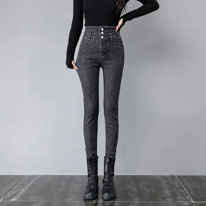 Fleece-lined Thick High Waist Pencil Pants High Elastic Slim Denim Skinny Pants Women - Gray, Fleece Lining