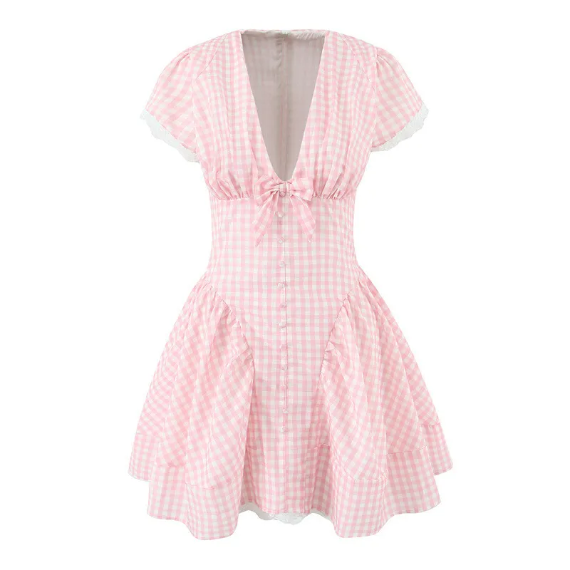 Sweet Cute Lace Stitching Cotton Mini Dress - Pink