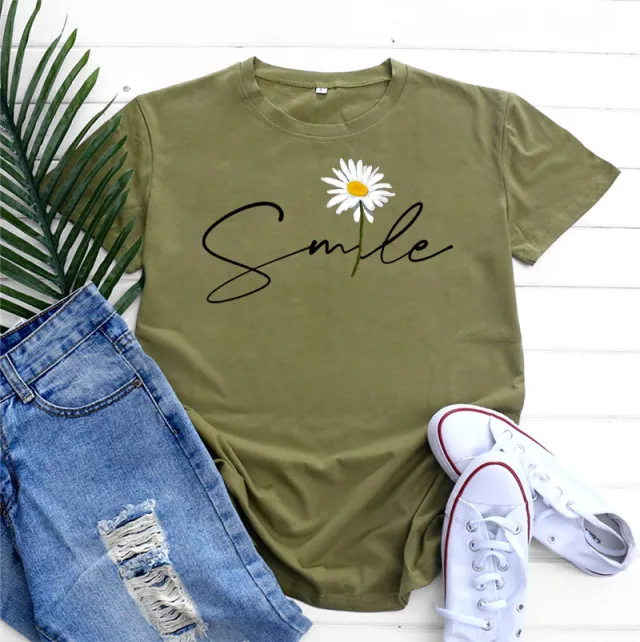 Women's Fashion Casual Daisy Print Short Sleeve T shirt Top Green - Shop at LoveMi