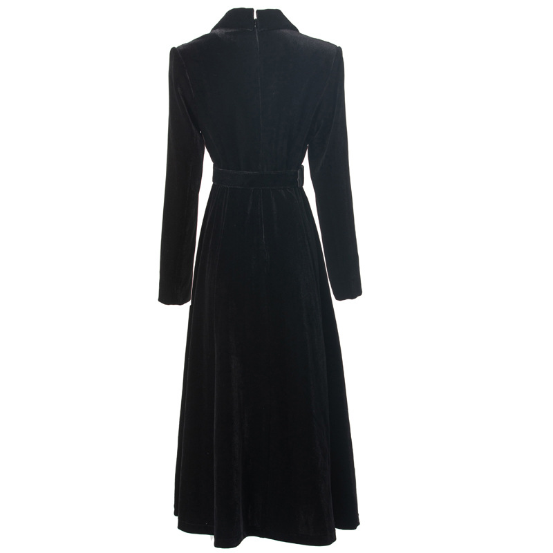 Heavy Embroidery Sequins Lapel Long Sleeve Long Black Velvet Dress