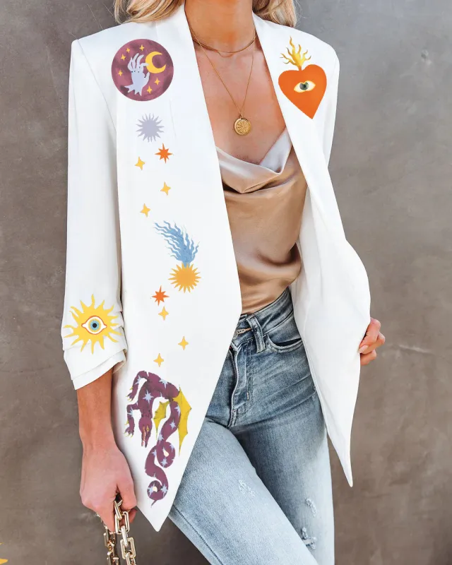 Printed Fashionable Fitted Long Sleeve Small Suit Jacket White - Shop at LoveMi