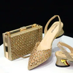 Mid Heel Pointed Women's Sandals Square Hand Bag Set - Gold - View 1