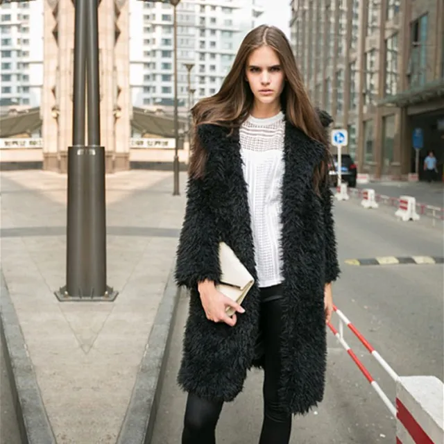Autumn And Winter Ladies New Lamb Wool Long Trench Coat Imitation Fur Suit Coat Overcoat Black - Shop at LoveMi
