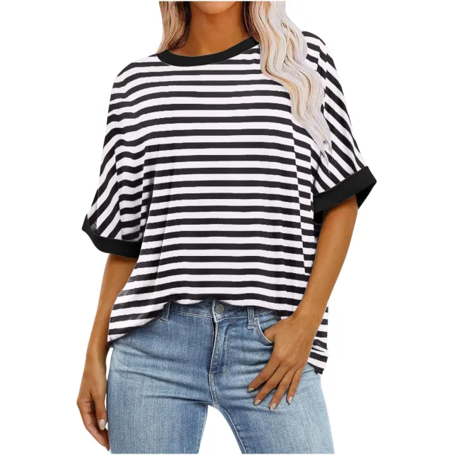 Women's Striped Printed Loose Color Matching Short Sleeve Black - Shop at LoveMi