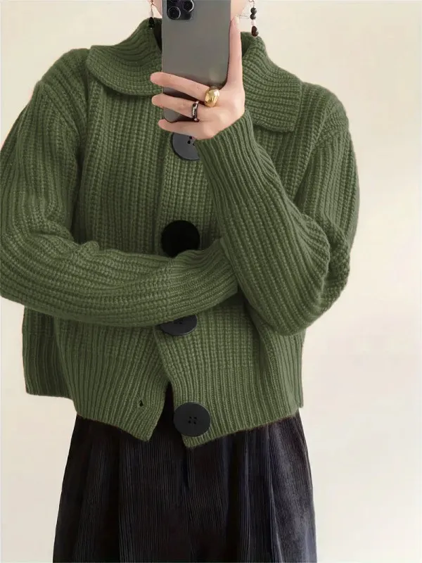 Loose Korean Style Fashion Casual Large Lapel Knitted Cardigan Jacket Olive - Shop at LoveMi