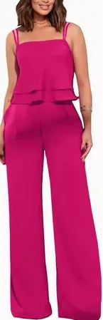 Sling Pure Color Ruffles Top Straight leg Pants Fashion Suit Rose Red - Shop at LoveMi