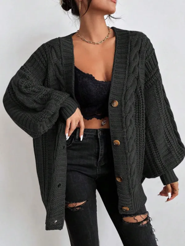 V neck Sweater Women's Retro Fashion Loose Twist Knitted Coat Black - Shop at LoveMi