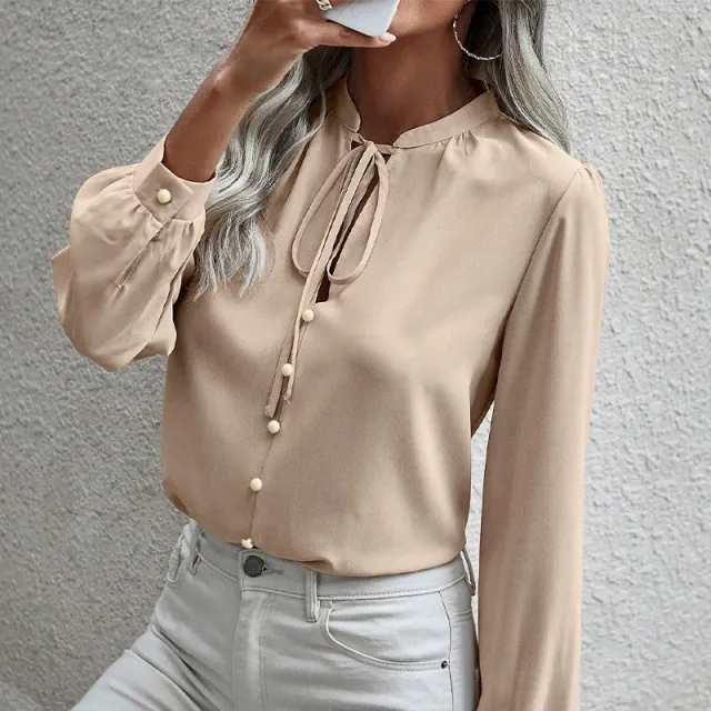 Women's Collar Lace up Long Sleeve Shirt Picture Color M - Shop at LoveMi