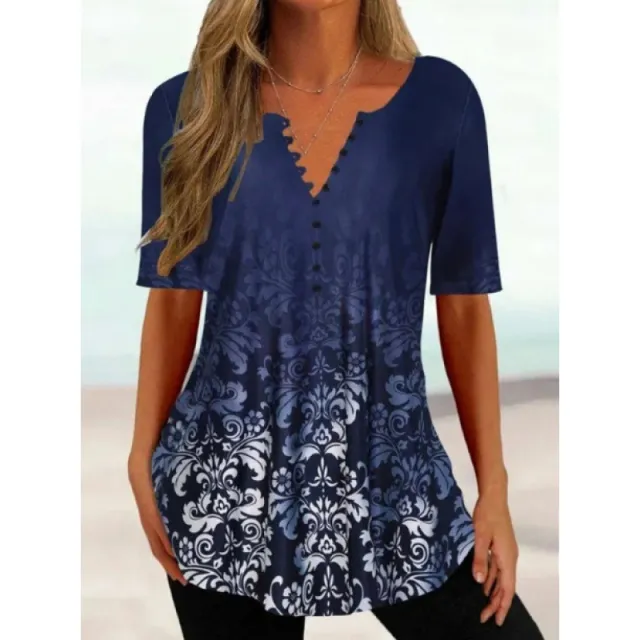 Women's Digital Printed V neck Button Short sleeved Top Trm12 L - Shop at LoveMi