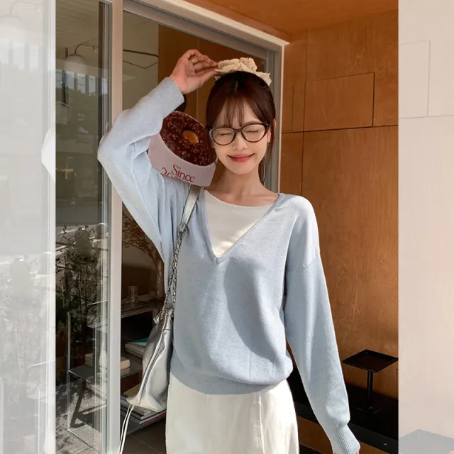 New Fake Two piece Knitted Sweaters Women Blue - Shop at LoveMi