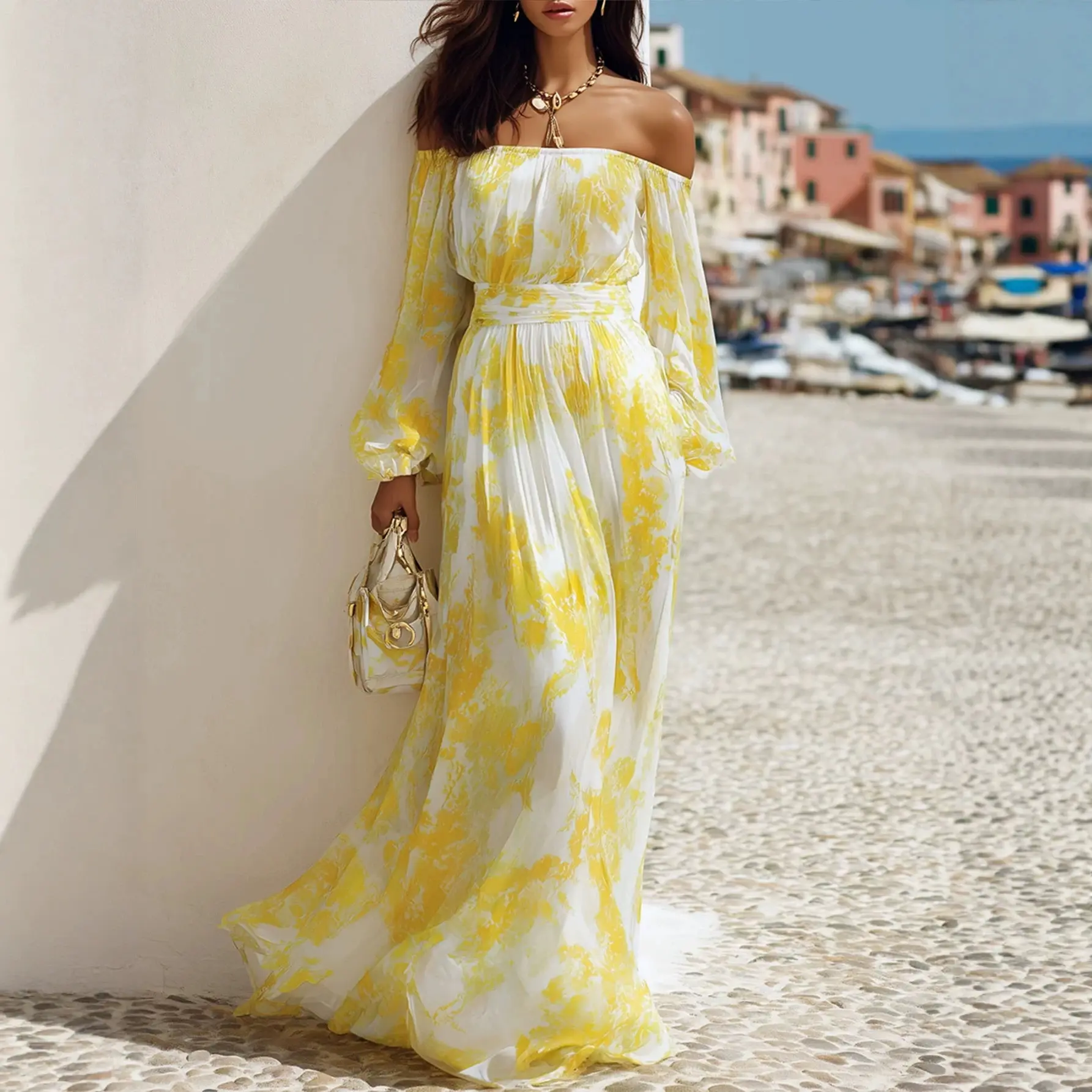 One-shoulder Printed Chiffon Long-sleeve Dress
