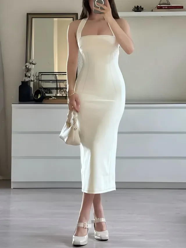 Slim Fit Backless Slimming Temperament Pure Desire Suspender Dress White - Shop at LoveMi