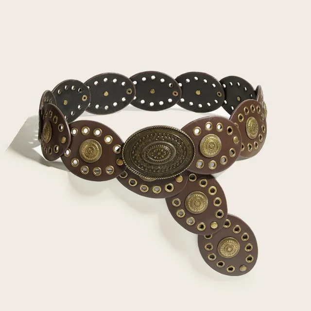 Ethnic Style Round Cake Stitching Decorative Rivets Vintage Belt Brown - Shop at LoveMi