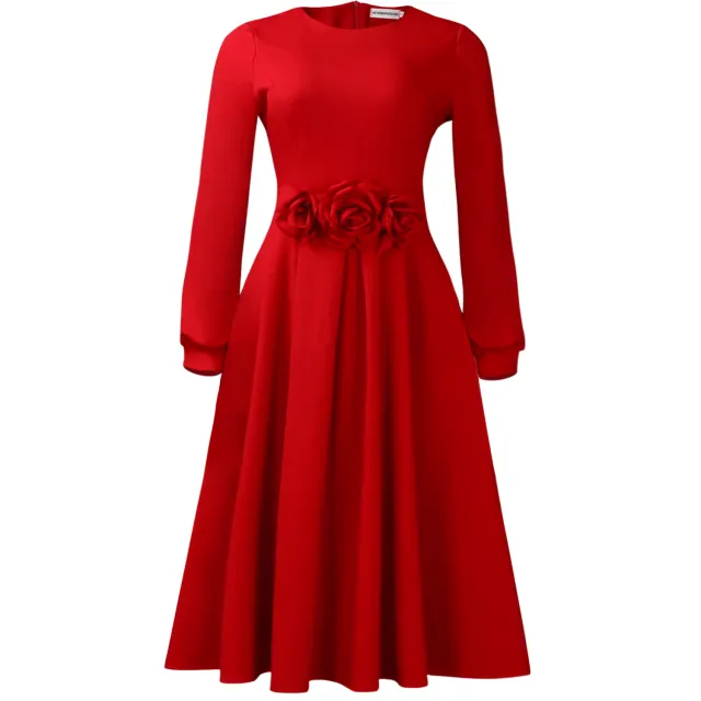 A line African Dress With A Round Neck Long Sleeves And A 3D Floral Skirt Red - Shop at LoveMi