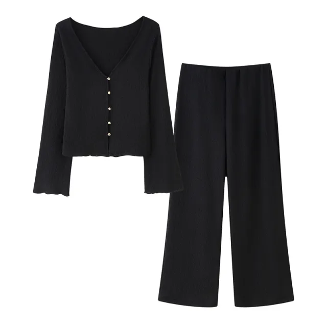 Texture Sense V neck Long Sleeve Top Baggy Straight Trousers Suit Black Suit - Shop at LoveMi