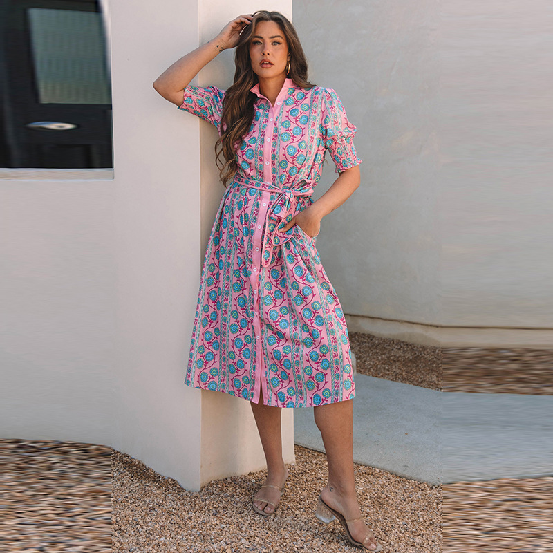 European And American High Waist Lace-up Midi Dress