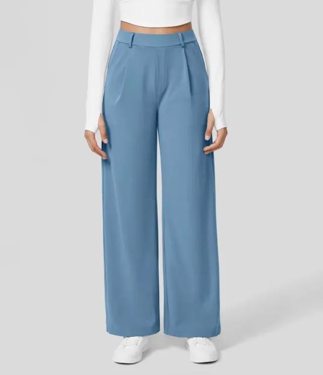 European And American High Waist Pocket Cropped Straight Pants Blue - Shop at LoveMi
