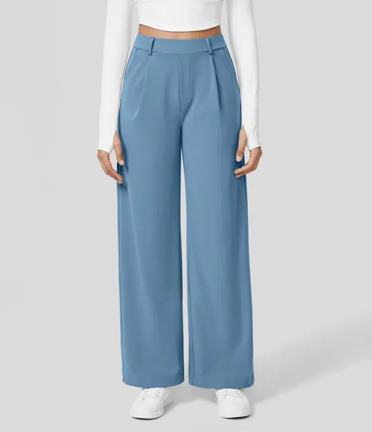 European And American High Waist Pocket Cropped Straight Pants - Blue