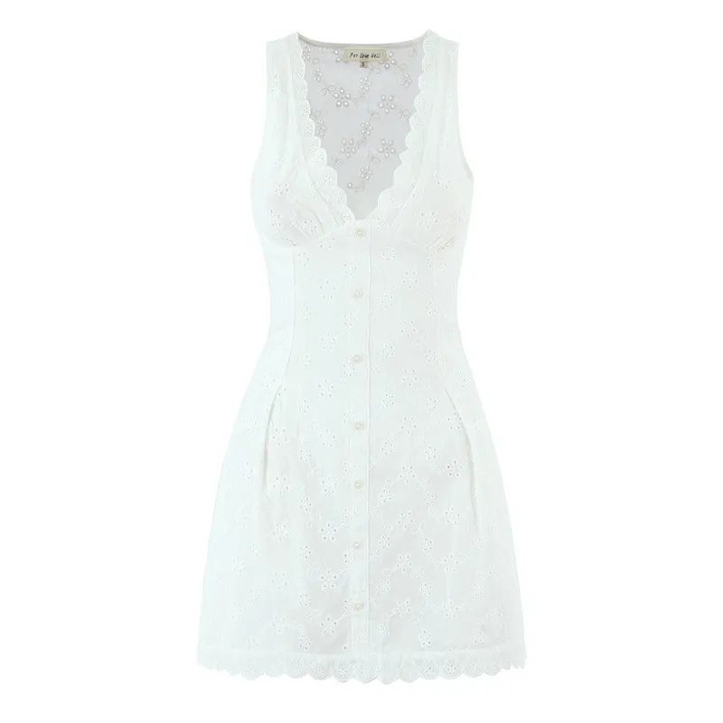 European And American Retro Sexy V-neck Embroidery Dress - White