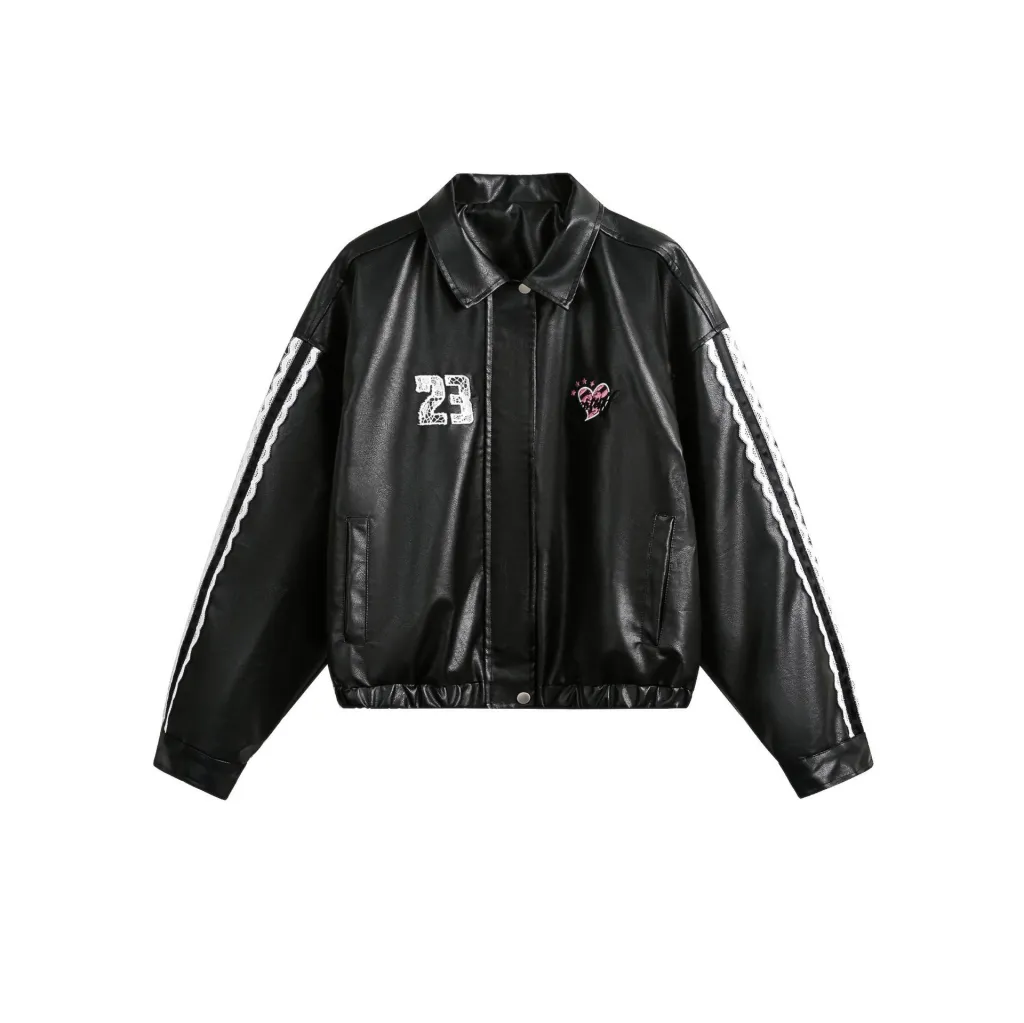 Women's Street Black Lace Love Number Embroidered Lapel Jacket - Black