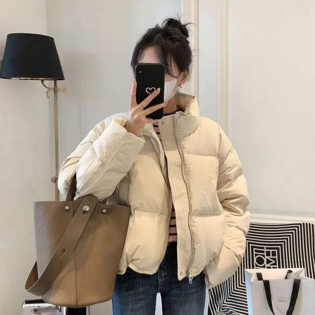 Cotton padded Coat Women's Stand Collar Short Cotton Padded Coat Creamy White - Shop at LoveMi