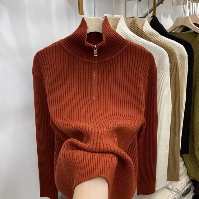 Women's Thick Loose Zip Turtleneck Sweater Red - Shop at LoveMi