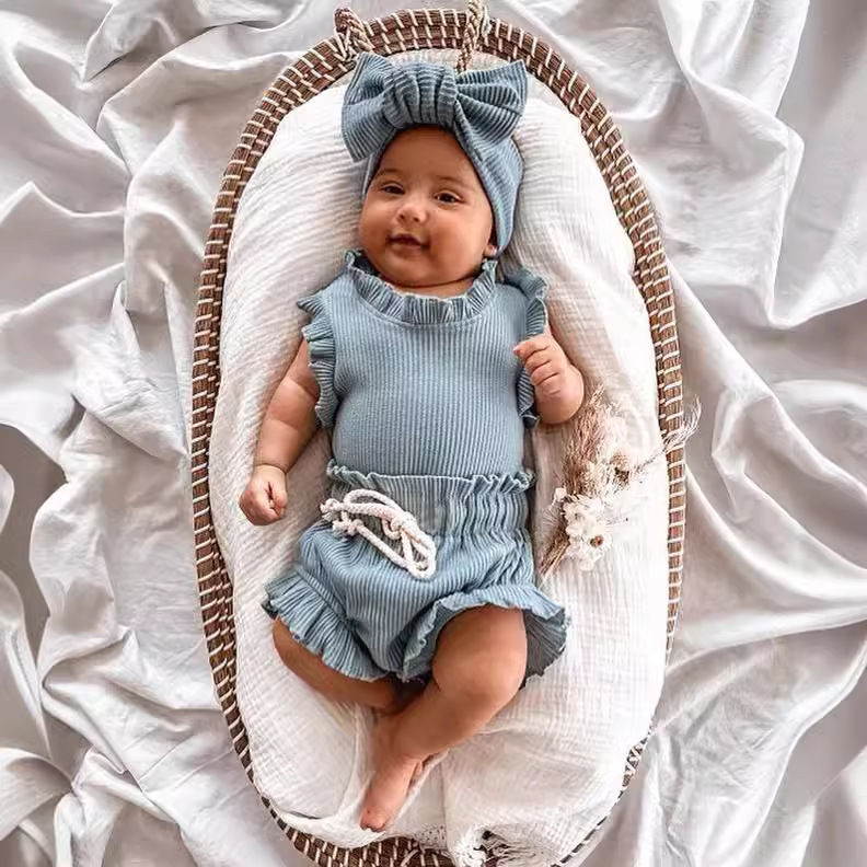 Rib Cotton Short Sleeve Wooden Ear Rompers Jumpsuit