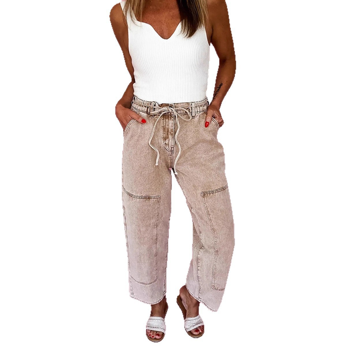 Washable Straight-leg Pants With Multiple Pockets And A Drawstring