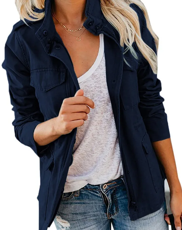 Women's Casual Fashion Solid Color Loose Zip Lapel Jacket Dark Blue - Shop at LoveMi