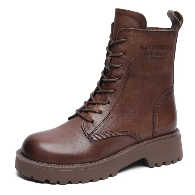 Womens Soft Leather Chunky heel Ankle Boots With A Fleece lined Interior Brown - Shop at LoveMi