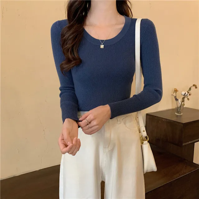 Tight Round Neck Long Sleeves Inner Wear Bottoming Sweater Dark Blue - Shop at LoveMi