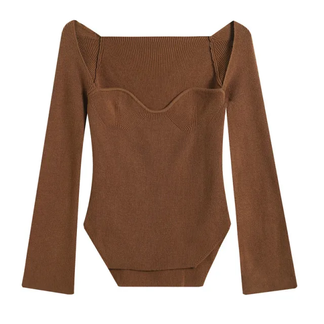 Stretchy Off shoulder Base Layer Knit Sweater Women's Top Brown - Shop at LoveMi
