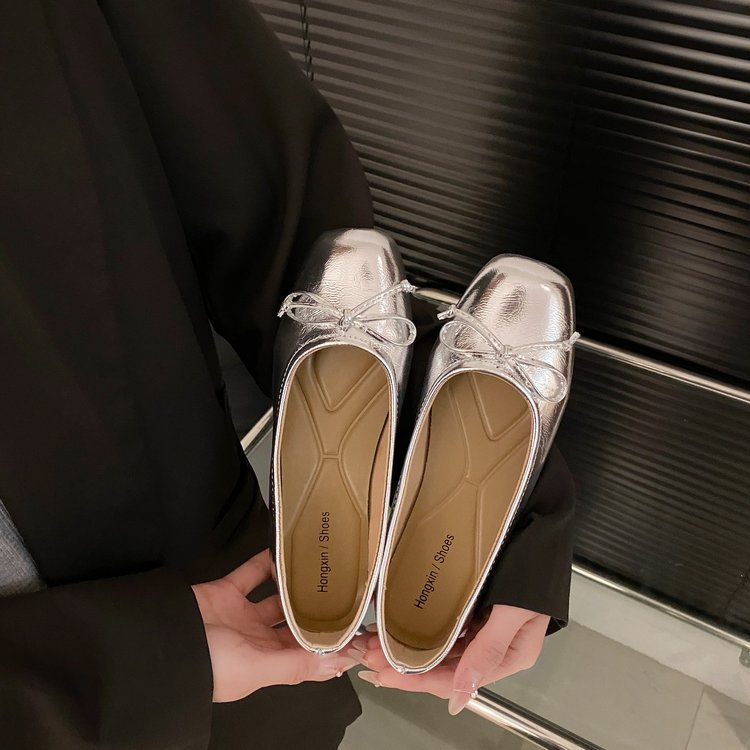 Womens Solid-color Low-cut Bow Flat Shoes