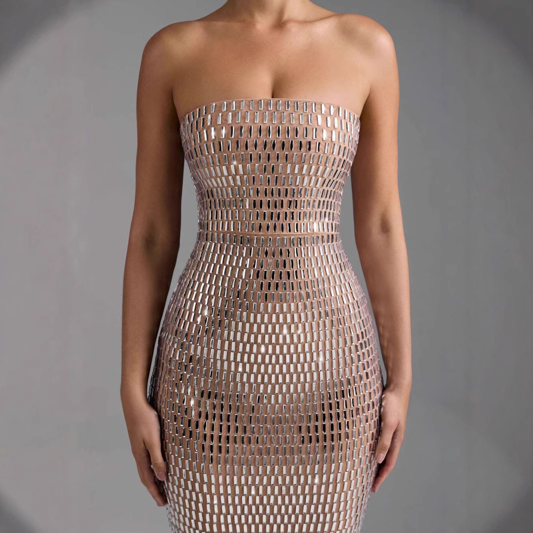 Fashion Rhinestone Sexy Tube Top Skinny Sheath Dress