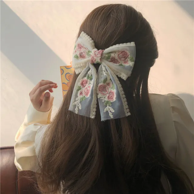 Embroidered Flower Ribbon Big Bow Hairpin Double Layered Ribbon - Shop at LoveMi