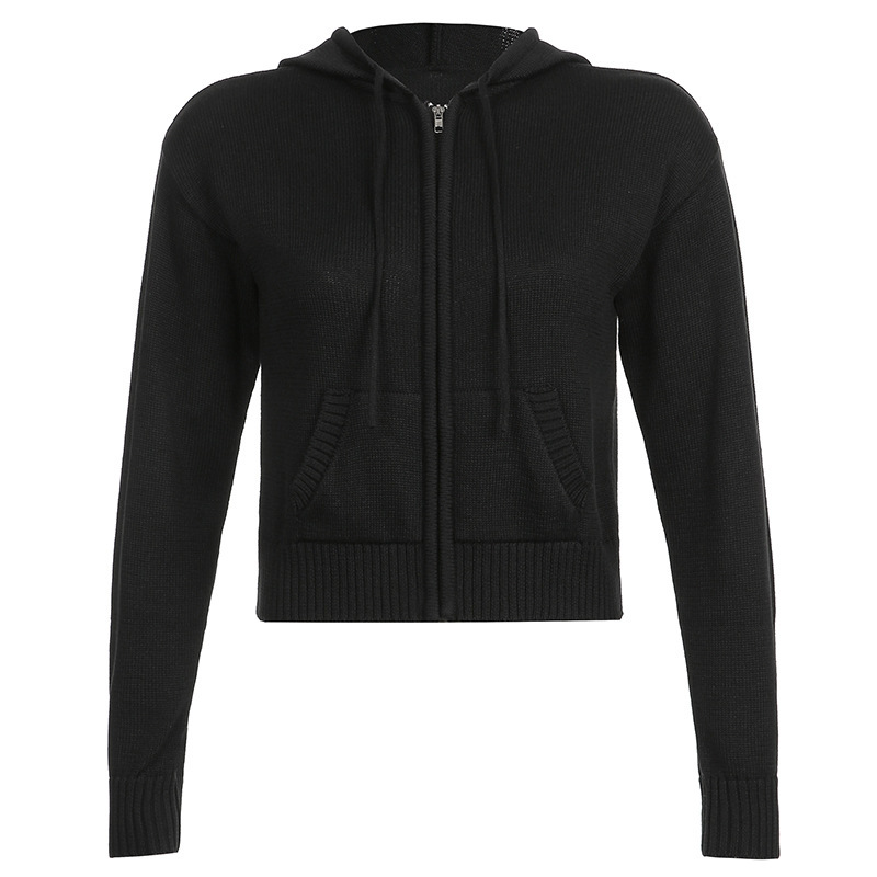 Warm Hooded Zippered Cardigan Solid Color Jacket Black - Shop at LoveMi