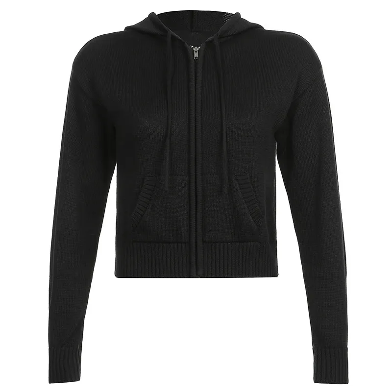 Warm Hooded Zippered Cardigan Solid Color Jacket - Black